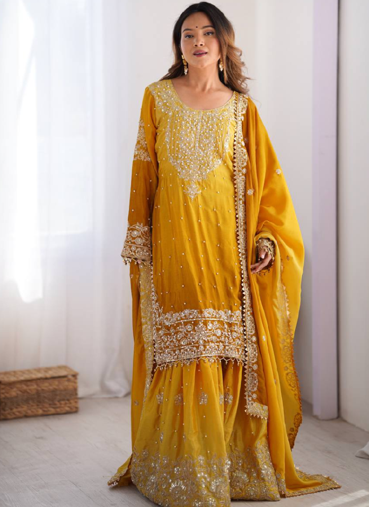 Dori Embroidered Work Chinon Silk Yellow Salwar Kameez