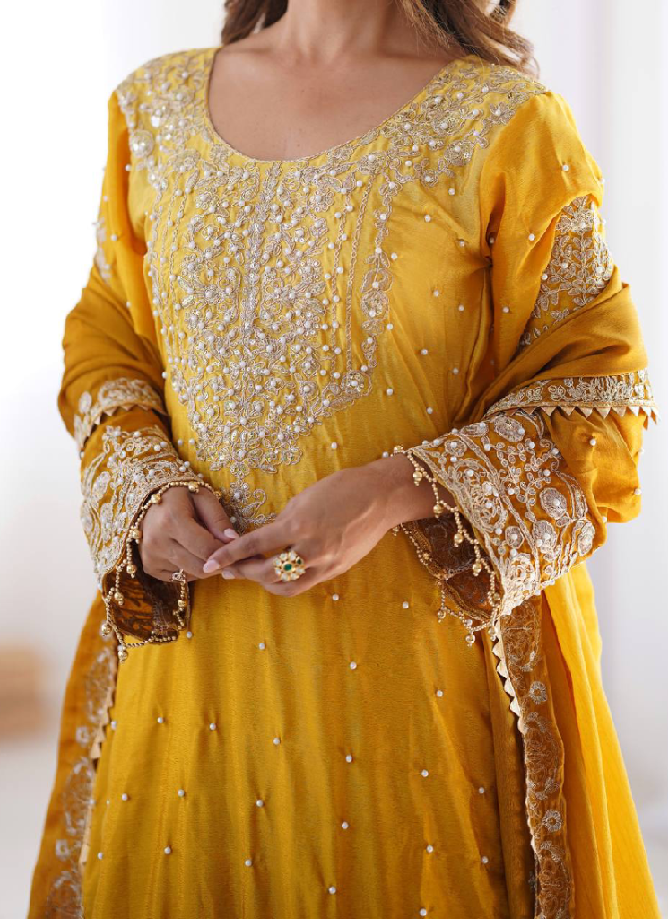 Dori Embroidered Work Chinon Silk Yellow Salwar Kameez
