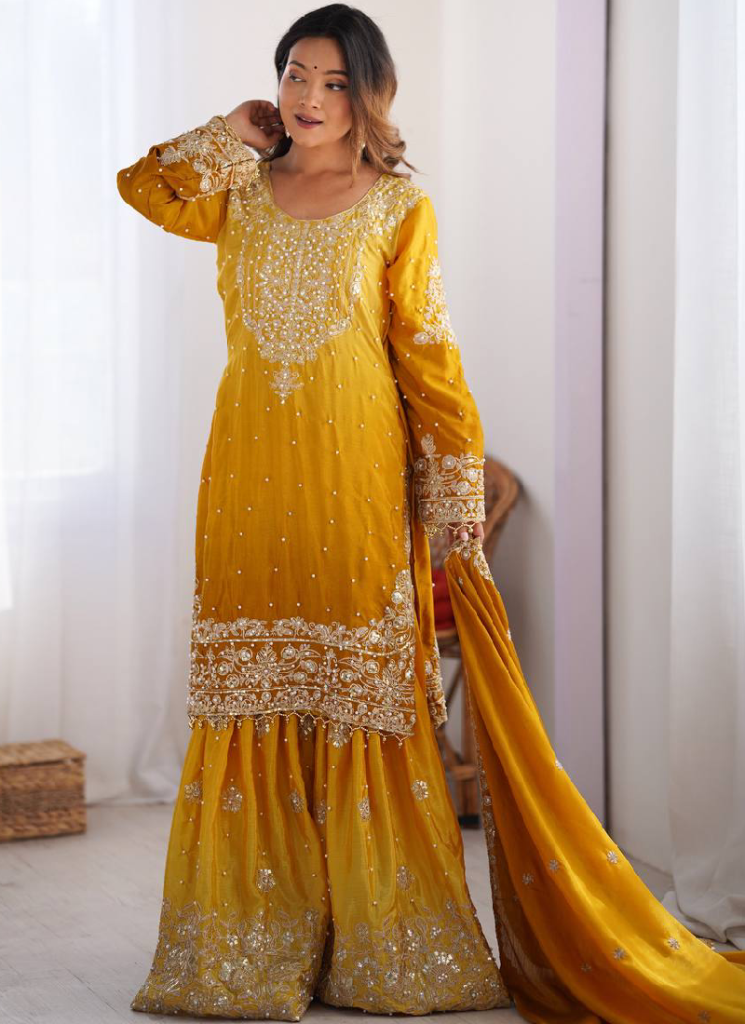 Dori Embroidered Work Chinon Silk Yellow Salwar Kameez