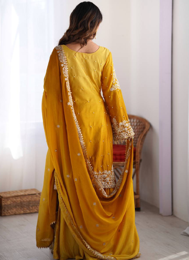 Dori Embroidered Work Chinon Silk Yellow Salwar Kameez