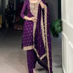 Thread Embroidered Purple Vichitra Silk Kurta Pant For Women