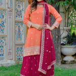 Embroidered Peach And Dark Pink Georgette Palazzo Suit Set