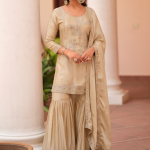 Satin Silk Sharara Suit For Women Beige Salwar Kameez