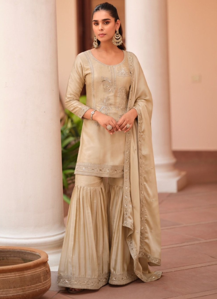 Satin Silk Sharara Suit For Women Beige Salwar Kameez
