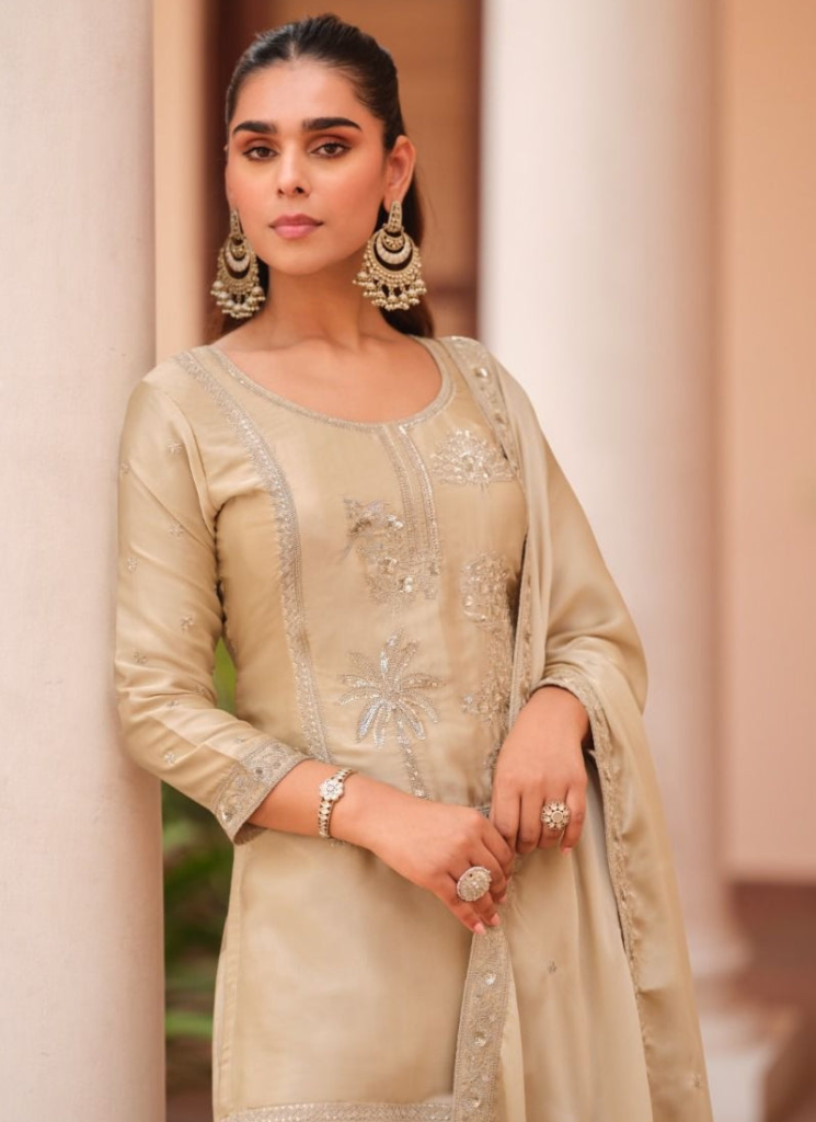 Satin Silk Sharara Suit For Women Beige Salwar Kameez