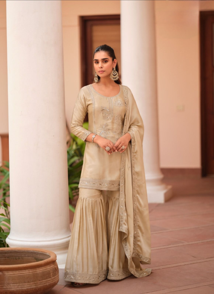 Satin Silk Sharara Suit For Women Beige Salwar Kameez