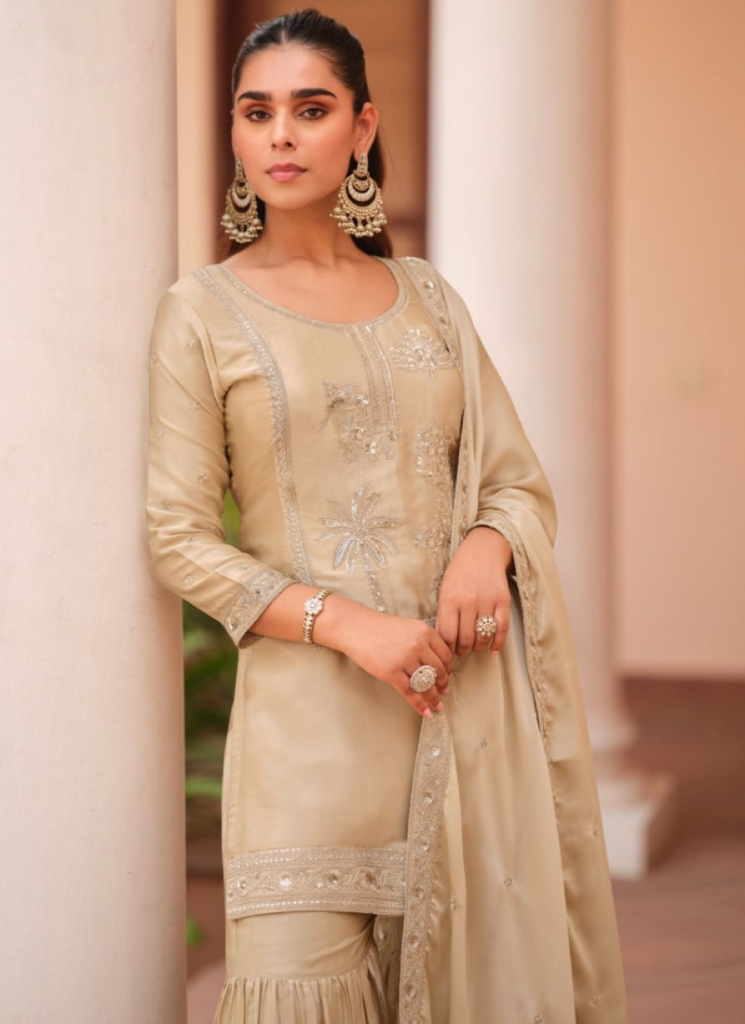 Satin Silk Sharara Suit For Women Beige Salwar Kameez