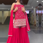 Georgette Heavy Embroidered Rani Pink Sharara Suit