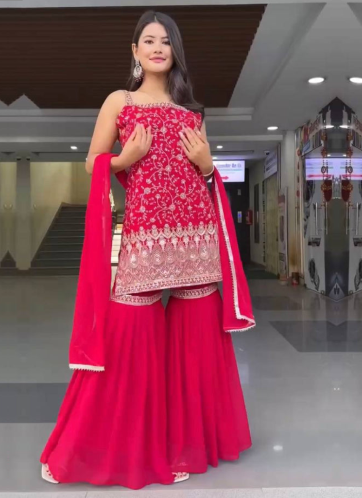 Georgette Heavy Embroidered Rani Pink Sharara Suit