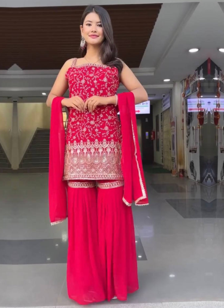 Georgette Heavy Embroidered Rani Pink Sharara Suit