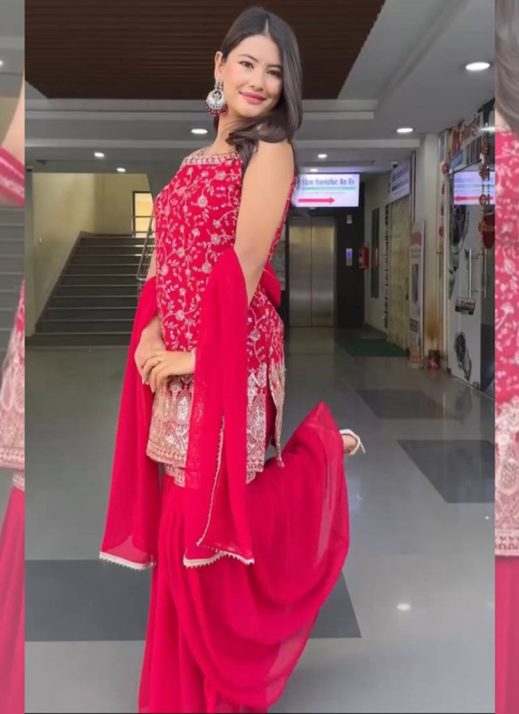 Georgette Heavy Embroidered Rani Pink Sharara Suit