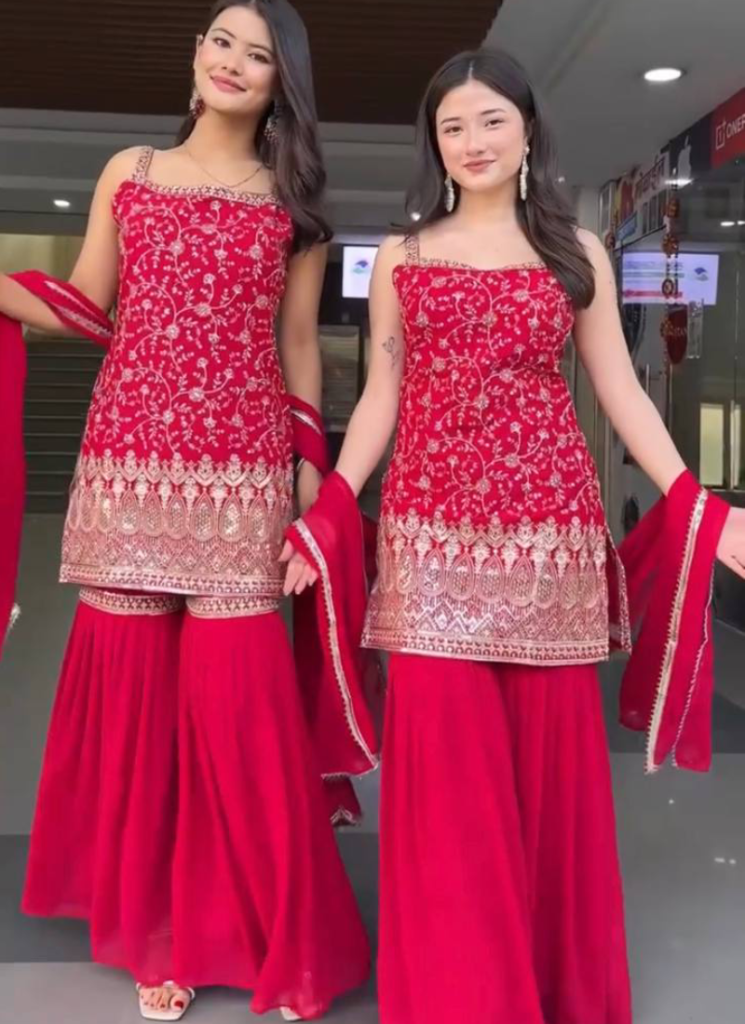 Georgette Heavy Embroidered Rani Pink Sharara Suit