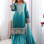 Coding Dori Embroidered Chinon Silk Sky Blue Sharara Set