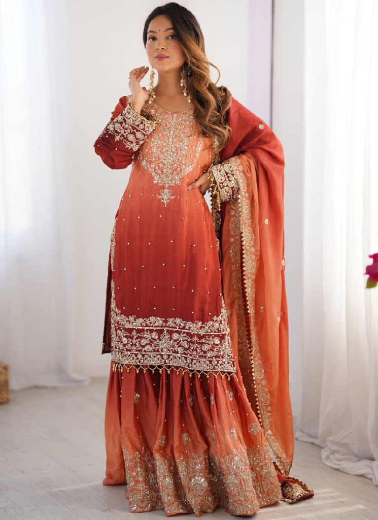 Chinon Silk Shaded Embroidered Work Top With Bottom
