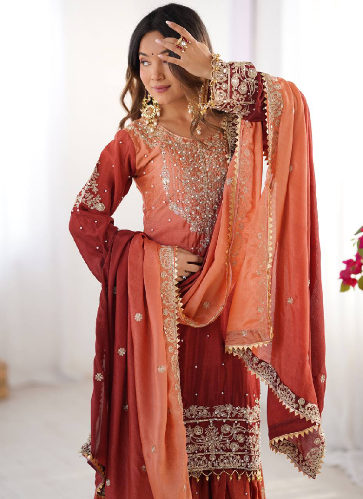 Chinon Silk Shaded Embroidered Work Top With Bottom