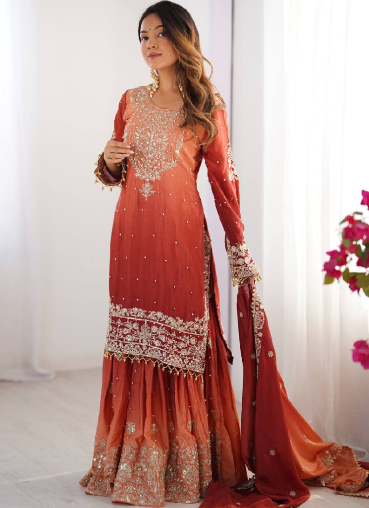 Chinon Silk Shaded Embroidered Work Top With Bottom