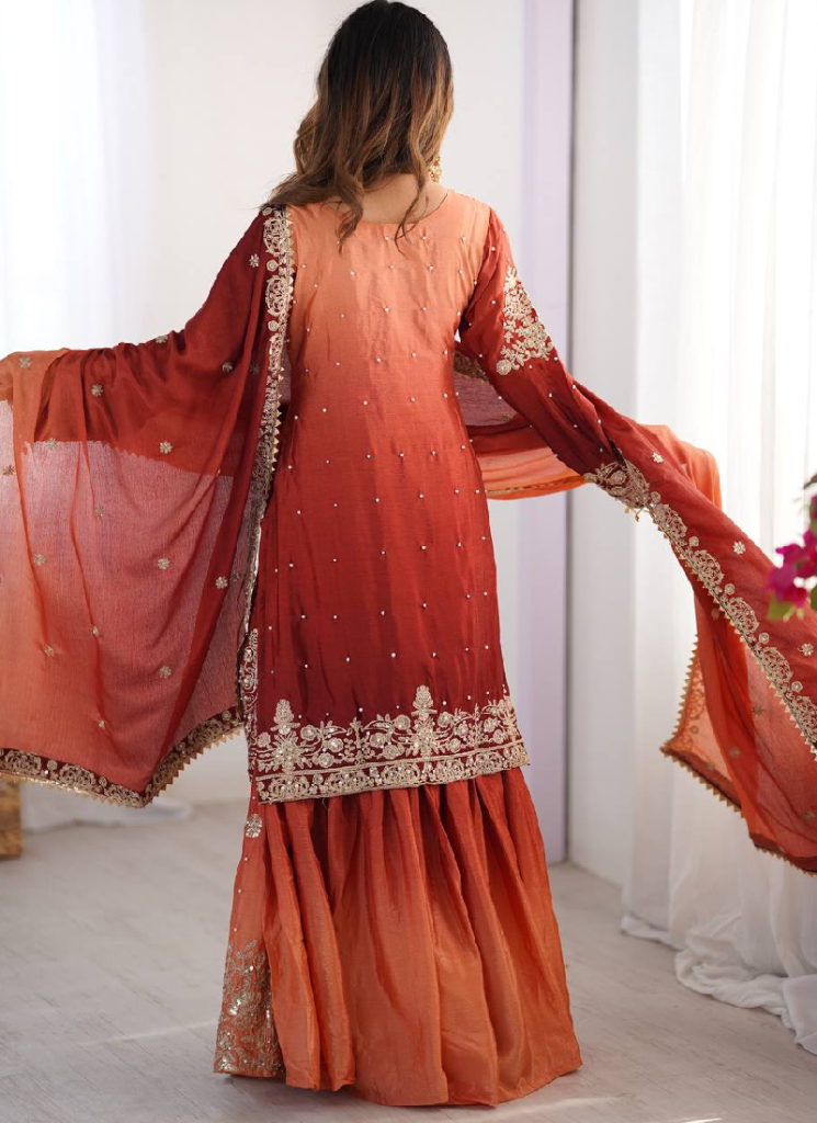 Chinon Silk Shaded Embroidered Work Top With Bottom