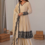 Thread Embroidered Georgette Beige Sharara Suit For Wedding