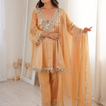 Real Mirror Work Cream Fendi Silk Salwar Kameez For Women