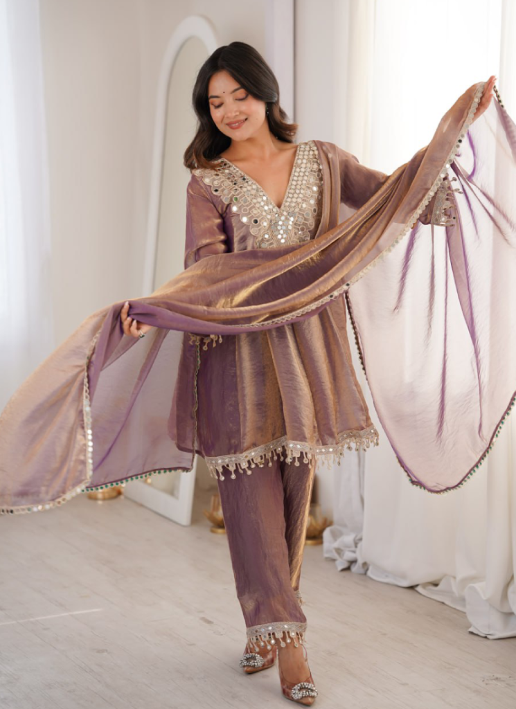 Fendi Silk Real Mirror Work Purple Party Wear Pant Suit Set