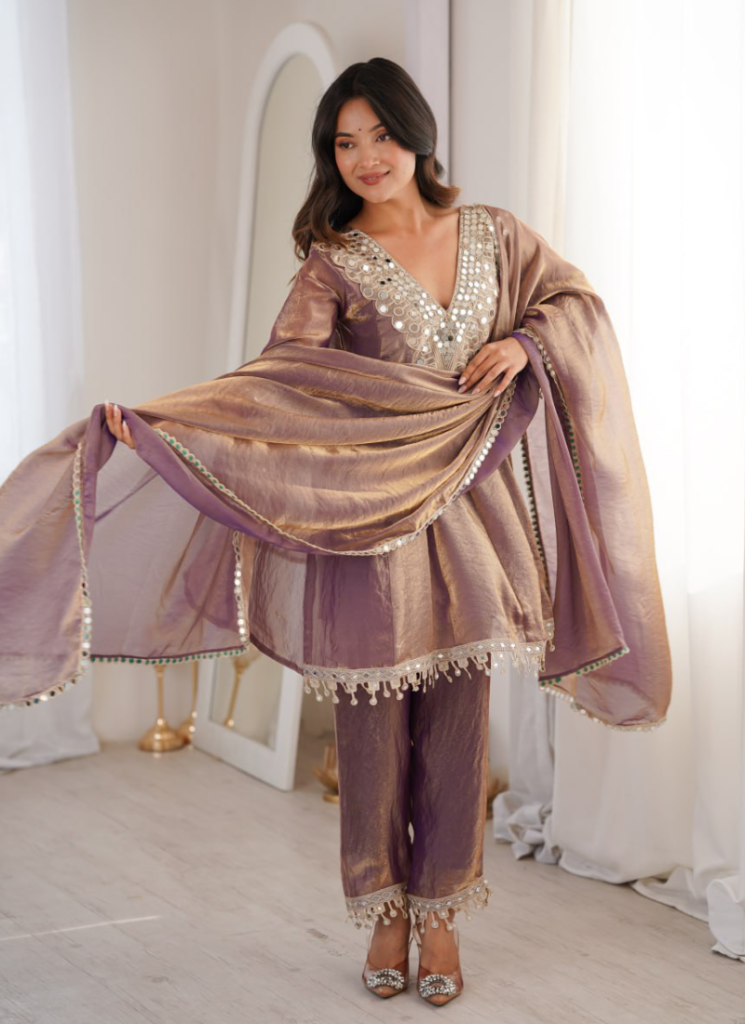 Fendi Silk Real Mirror Work Purple Party Wear Pant Suit Set