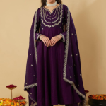 Purple Zari Embroidered Anarkali Trousers With Dupatta