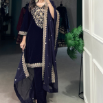 Navy Blue Sequence Embroidery Velvet Kurta Pant Dupatta
