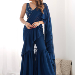 Navy Blue Georgette Sharara Saree With Sequence Work Blouse
