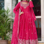 Silk Pink Zari Embroidered Anarkali Suit Pant With Dupatta