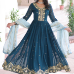 Georgette Sequence Embroidered Teal Blue Gown With Dupatta