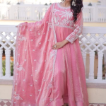 Light Pink Zari Embroidered Fendi Silk Gown With Dupatta Set