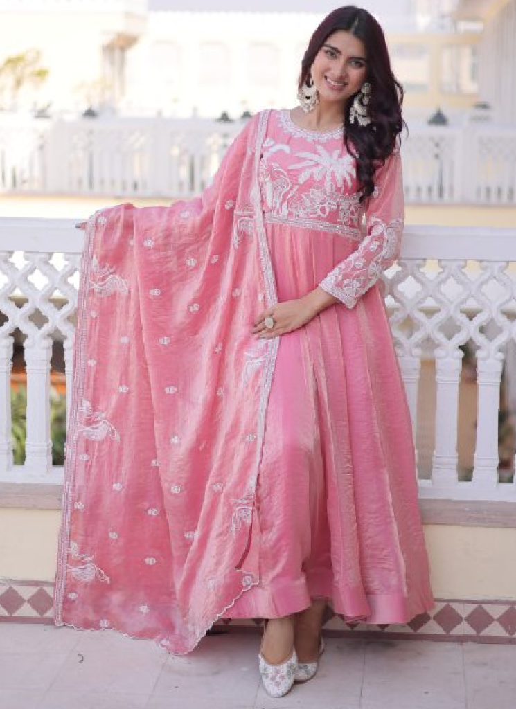 Light Pink Zari Embroidered Fendi Silk Gown With Dupatta Set