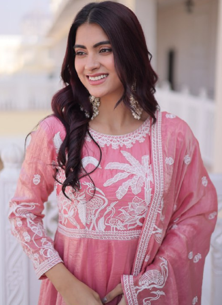 Light Pink Zari Embroidered Fendi Silk Gown With Dupatta Set