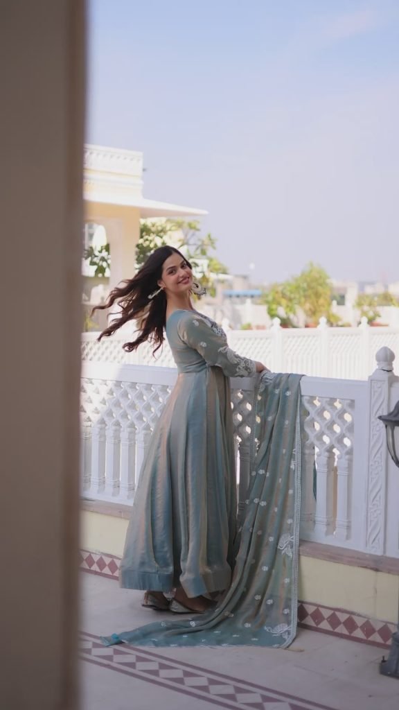 Light Pink Zari Embroidered Fendi Silk Gown With Dupatta Set