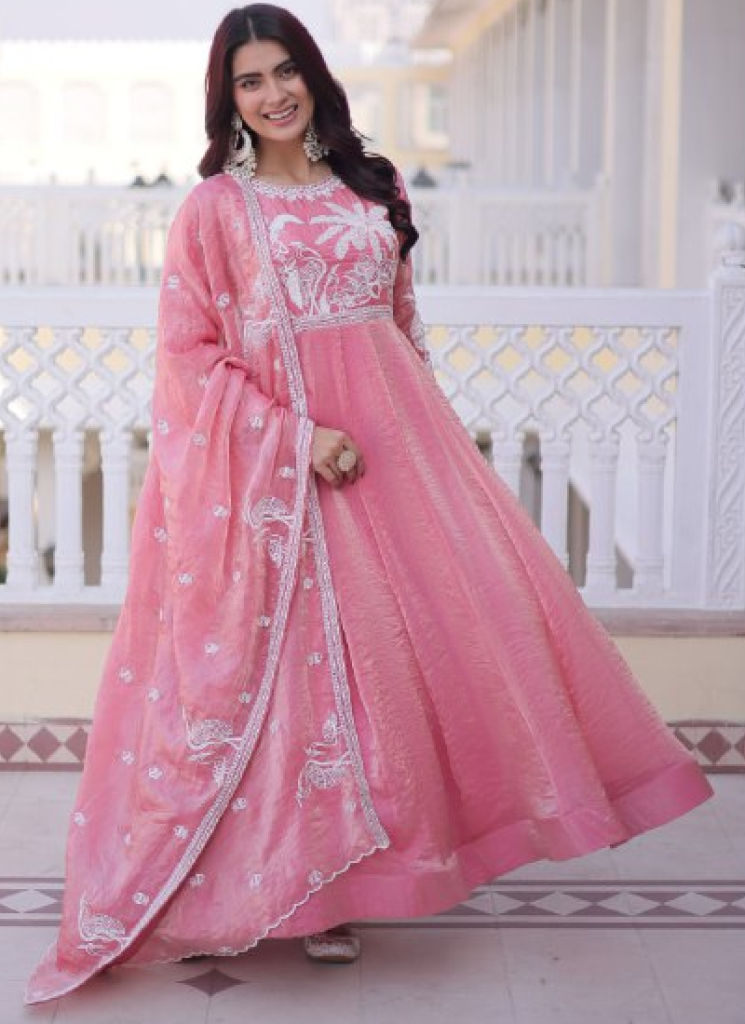 Light Pink Zari Embroidered Fendi Silk Gown With Dupatta Set