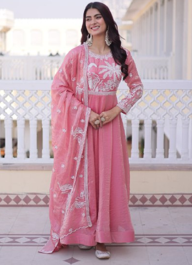Light Pink Zari Embroidered Fendi Silk Gown With Dupatta Set