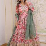 Floral Printed Russian Silk Embroidered Pink Gown With Dupatta