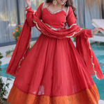 Chanderi Real Mirror Lace Border Red Anarkali Gown Set