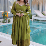 Real Mirror Lace Border Chanderi Green Mehndi Special Anarkali Gown