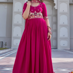 Bids And Coding Embroidered Work Crepe Silk Rani Pink Gown