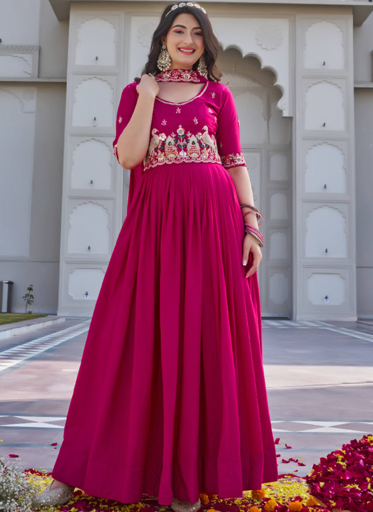 Bids And Coding Embroidered Work Crepe Silk Rani Pink Gown