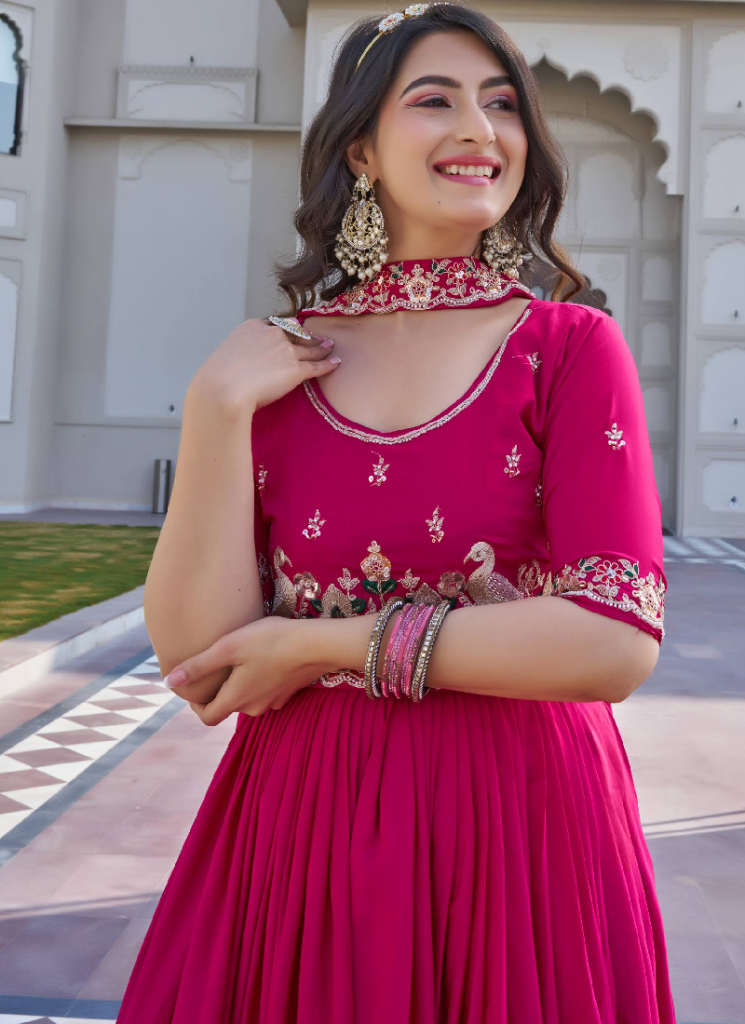 Bids And Coding Embroidered Work Crepe Silk Rani Pink Gown