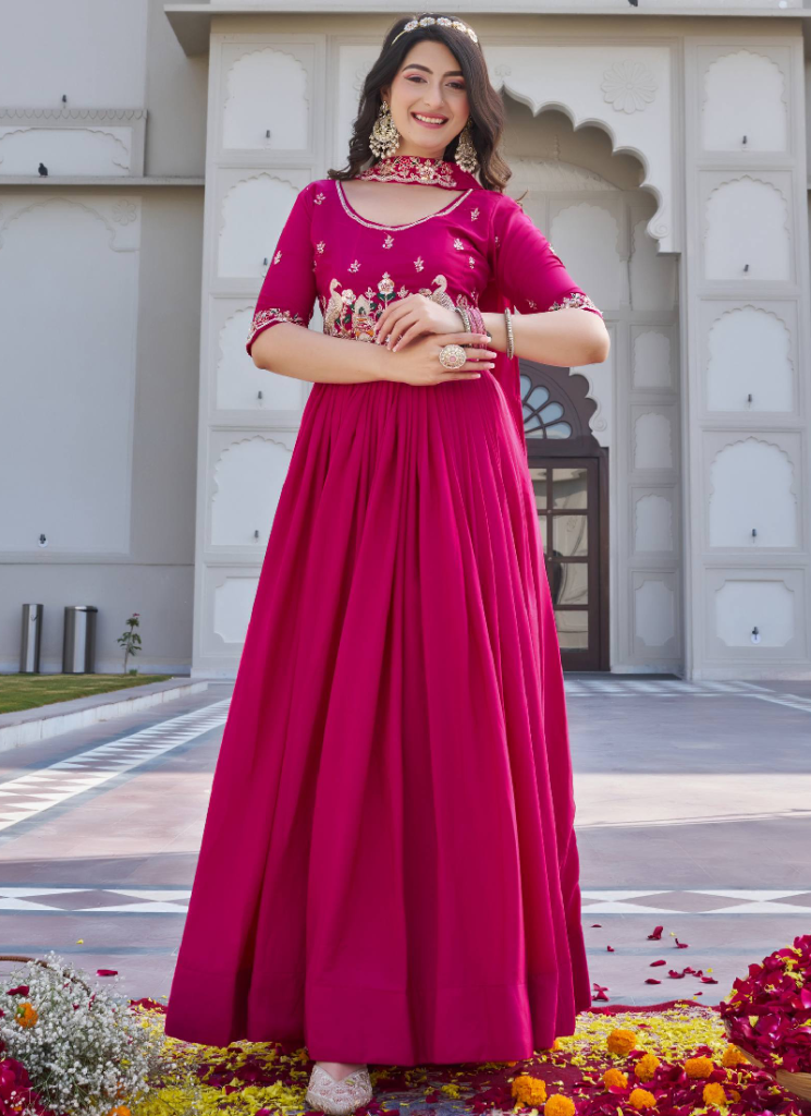 Bids And Coding Embroidered Work Crepe Silk Rani Pink Gown