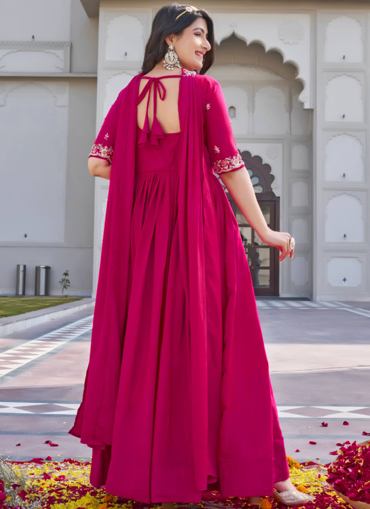 Bids And Coding Embroidered Work Crepe Silk Rani Pink Gown