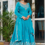 Heavy Embroidered Sky Blue Silk Designer Anarkali Gown