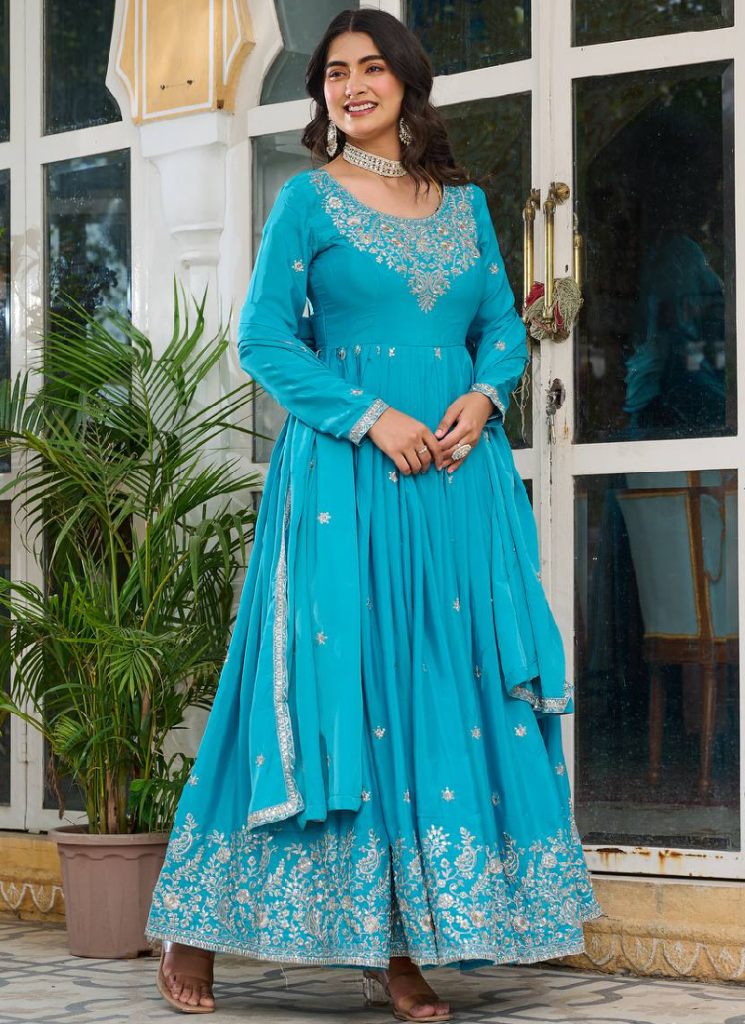 Heavy Embroidered Sky Blue Silk Designer Anarkali Gown