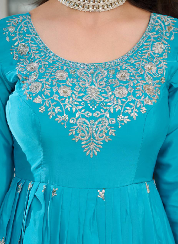 Heavy Embroidered Sky Blue Silk Designer Anarkali Gown