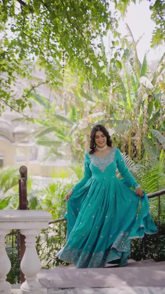 Heavy Embroidered Sky Blue Silk Designer Anarkali Gown