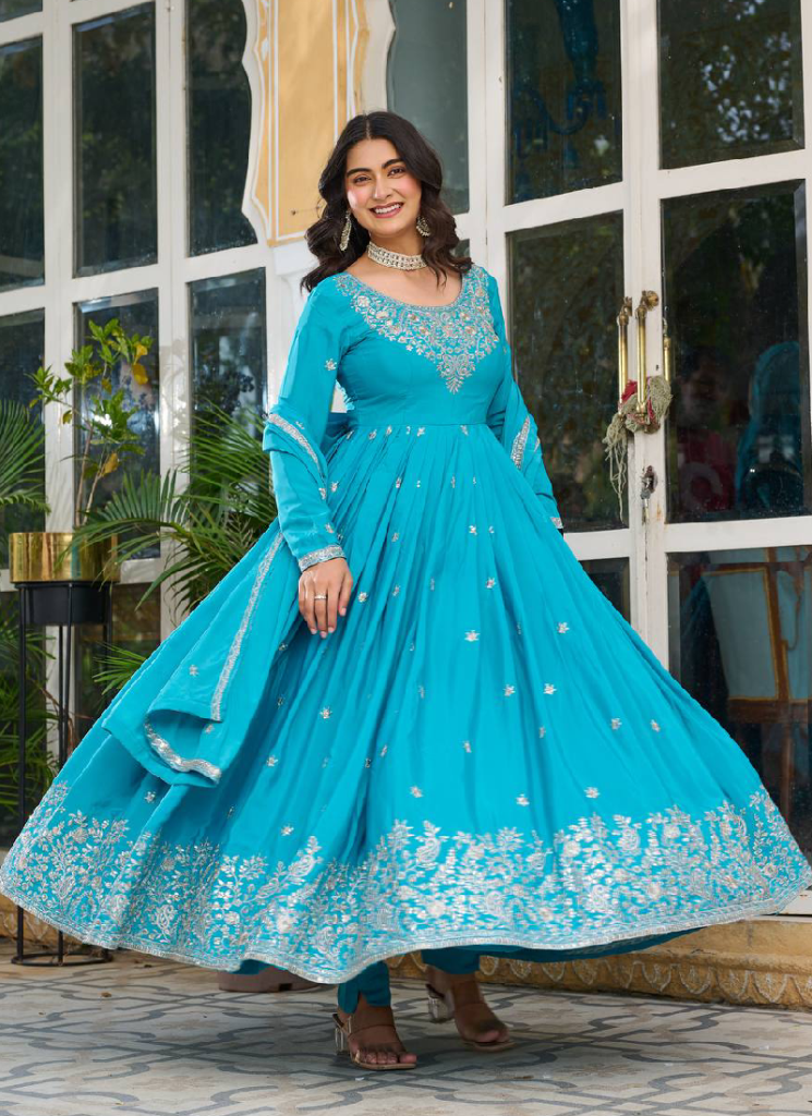 Heavy Embroidered Sky Blue Silk Designer Anarkali Gown