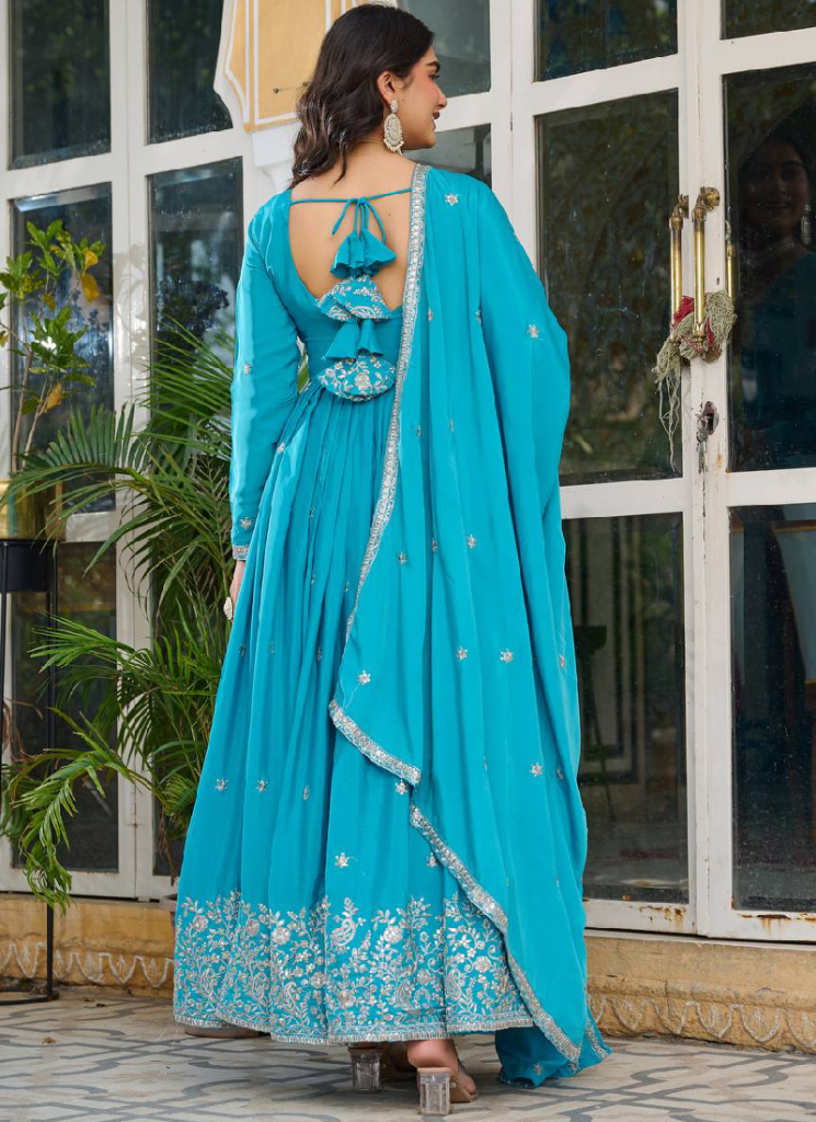 Heavy Embroidered Sky Blue Silk Designer Anarkali Gown